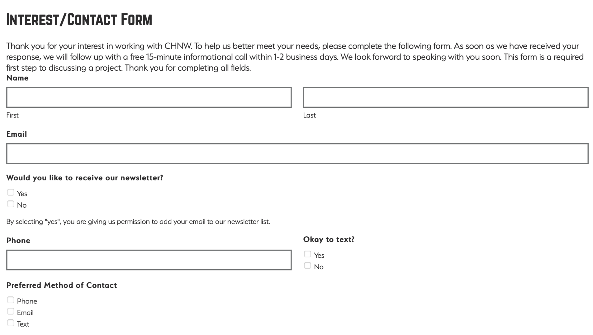 Screen shot of interest/contact form