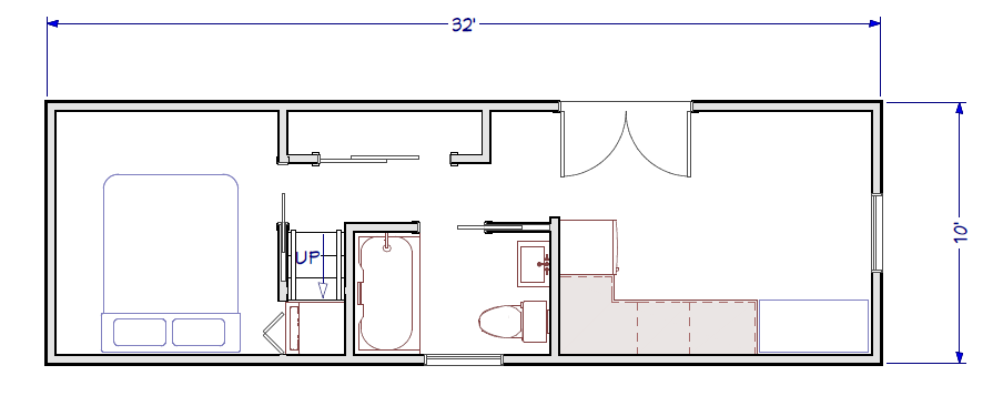 main floor plans of 10'x32' park model rv with bedroom on main